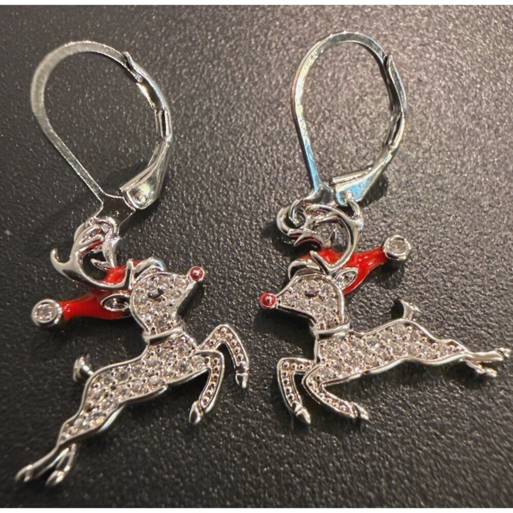 Rhinestone Reindeer Dangle Earrings Festive Leverback Holiday Jewelry